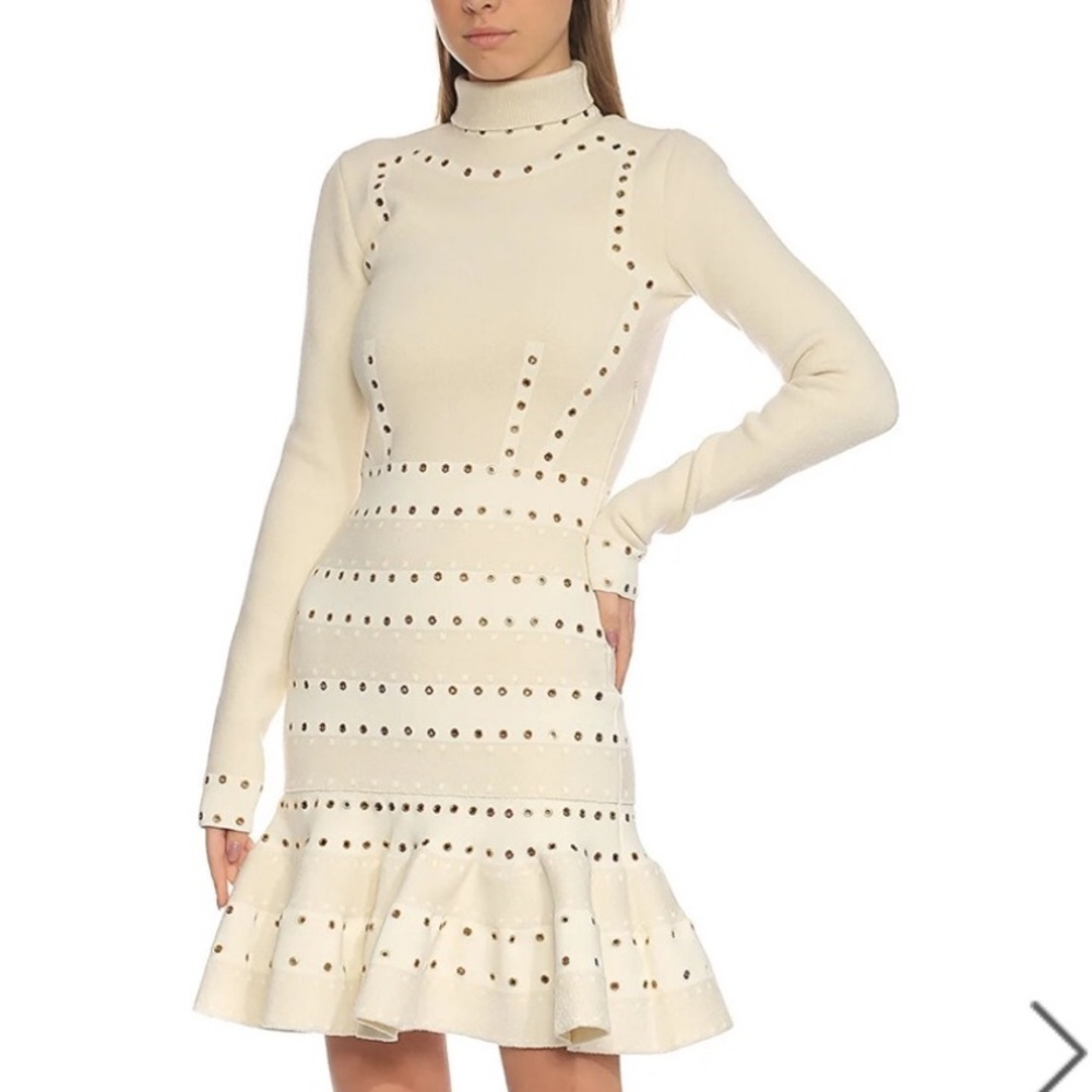 NWOT Alexander McQueen Cream Eyelet Mock Neck Knit Fit & Flare Dress